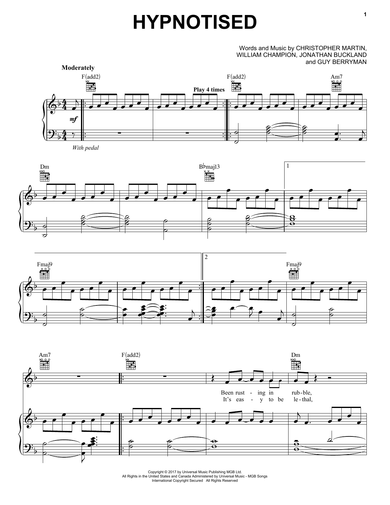 Coldplay Hypnotised Sheet Music Notes & Chords for Piano, Vocal & Guitar (Right-Hand Melody) - Download or Print PDF
