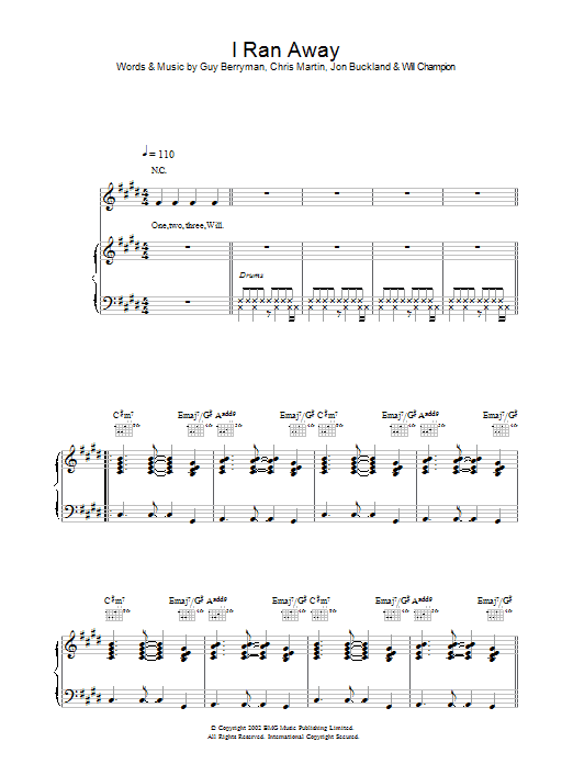 Coldplay I Ran Away Sheet Music Notes & Chords for Lyrics & Chords - Download or Print PDF