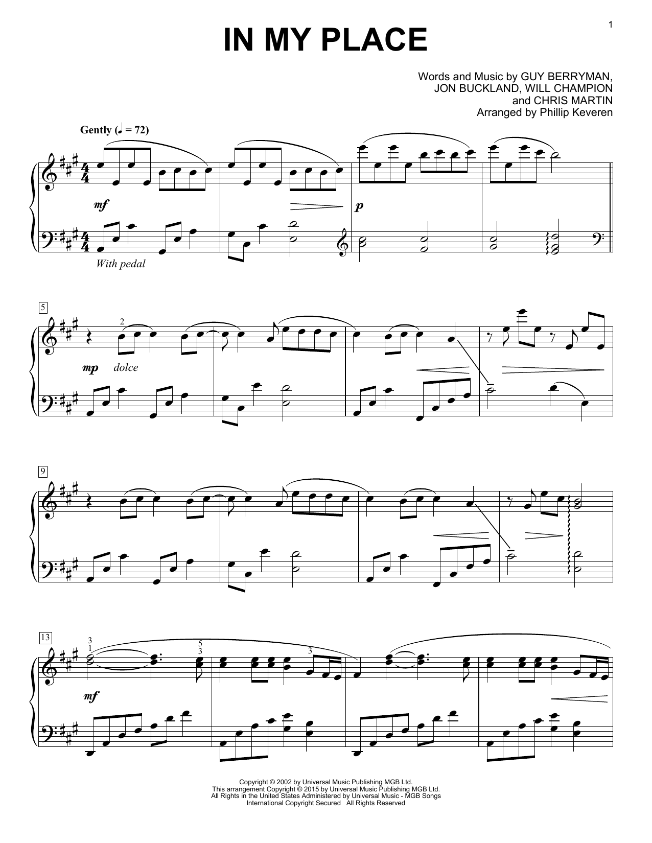 Coldplay In My Place [Classical version] (arr. Phillip Keveren) Sheet Music Notes & Chords for Piano - Download or Print PDF