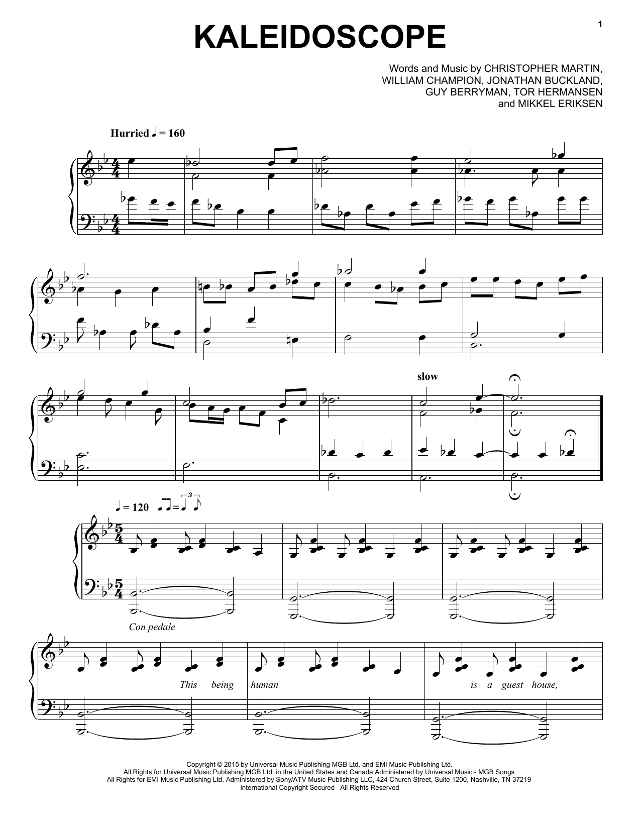 Coldplay Kaleidoscope Sheet Music Notes & Chords for Piano Solo - Download or Print PDF