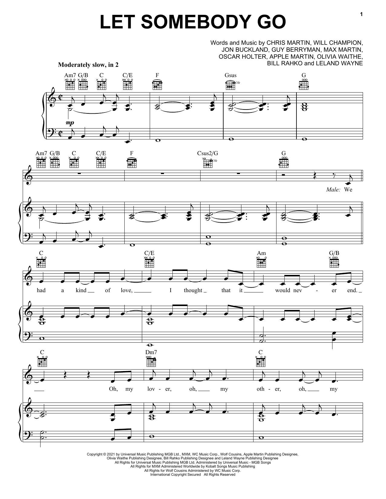 Coldplay Let Somebody Go (feat. Selena Gomez) Sheet Music Notes & Chords for Piano, Vocal & Guitar (Right-Hand Melody) - Download or Print PDF