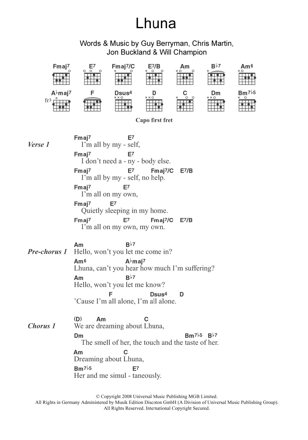 Coldplay Lhuna (featuring Kylie Minogue) Sheet Music Notes & Chords for Guitar Chords/Lyrics - Download or Print PDF