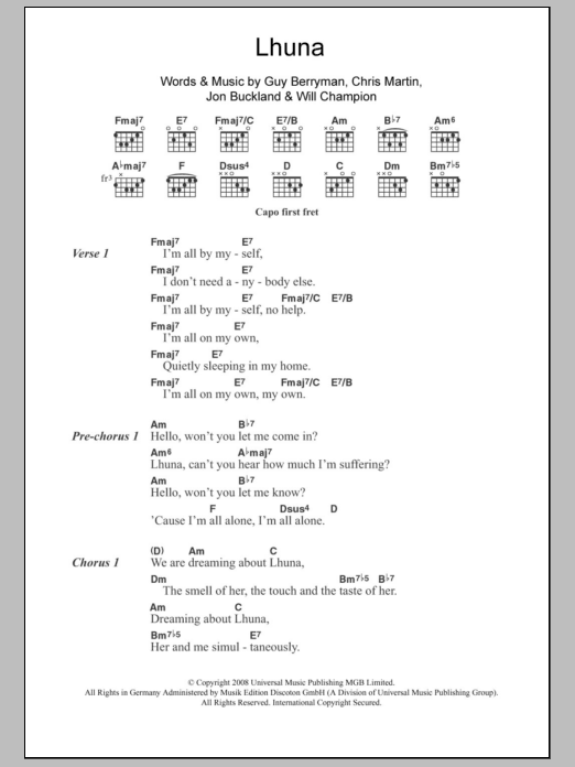 Coldplay Lhuna Sheet Music Notes & Chords for Lyrics & Chords - Download or Print PDF