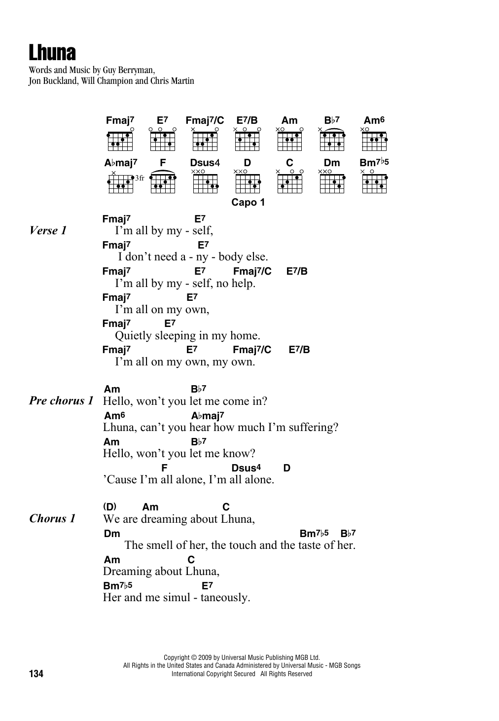 Coldplay Lhuna Sheet Music Notes & Chords for Lyrics & Chords - Download or Print PDF