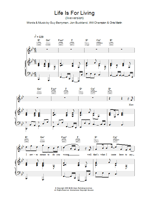 Coldplay Life Is For Living (live version) Sheet Music Notes & Chords for Piano, Vocal & Guitar - Download or Print PDF