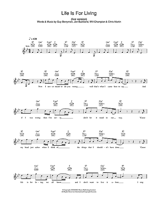 Preview Coldplay Life Is For Living Pop sheet music, notes and chords for Piano, Vocal & Guitar, SKU: 17685 Life Is For Living sheet music