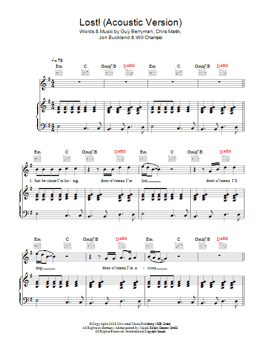 Coldplay Lost! (Acoustic Version) Sheet Music Notes & Chords for Piano, Vocal & Guitar - Download or Print PDF Coldplay Lost! (Acoustic Version) Sheet Music Notes & Chords for Piano, Vocal & Guitar - Download or Print PDF