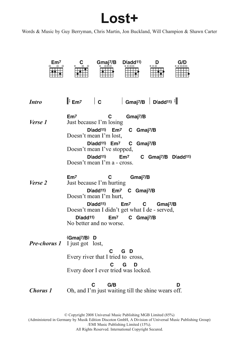 Coldplay Lost+ (feat. Jay-Z) Sheet Music Notes & Chords for Lyrics & Chords - Download or Print PDF