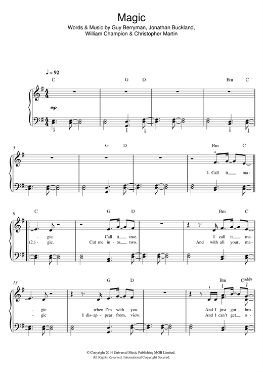 Coldplay Magic Sheet Music Notes & Chords for Lyrics & Chords - Download or Print PDF