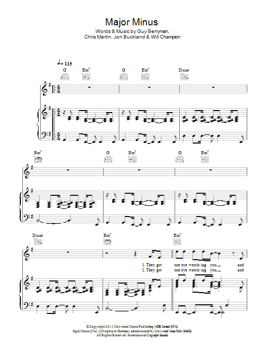 Coldplay Major Minus Sheet Music Notes & Chords for Lyrics & Chords - Download or Print PDF