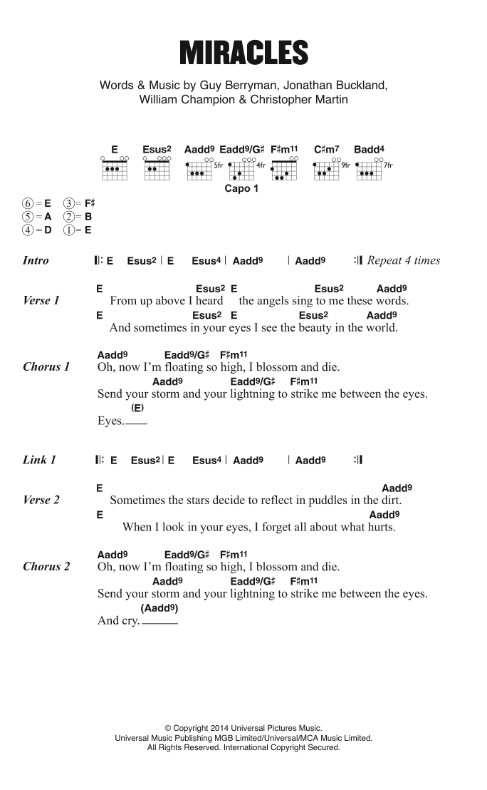 Coldplay Miracles Sheet Music Notes & Chords for Lyrics & Chords - Download or Print PDF