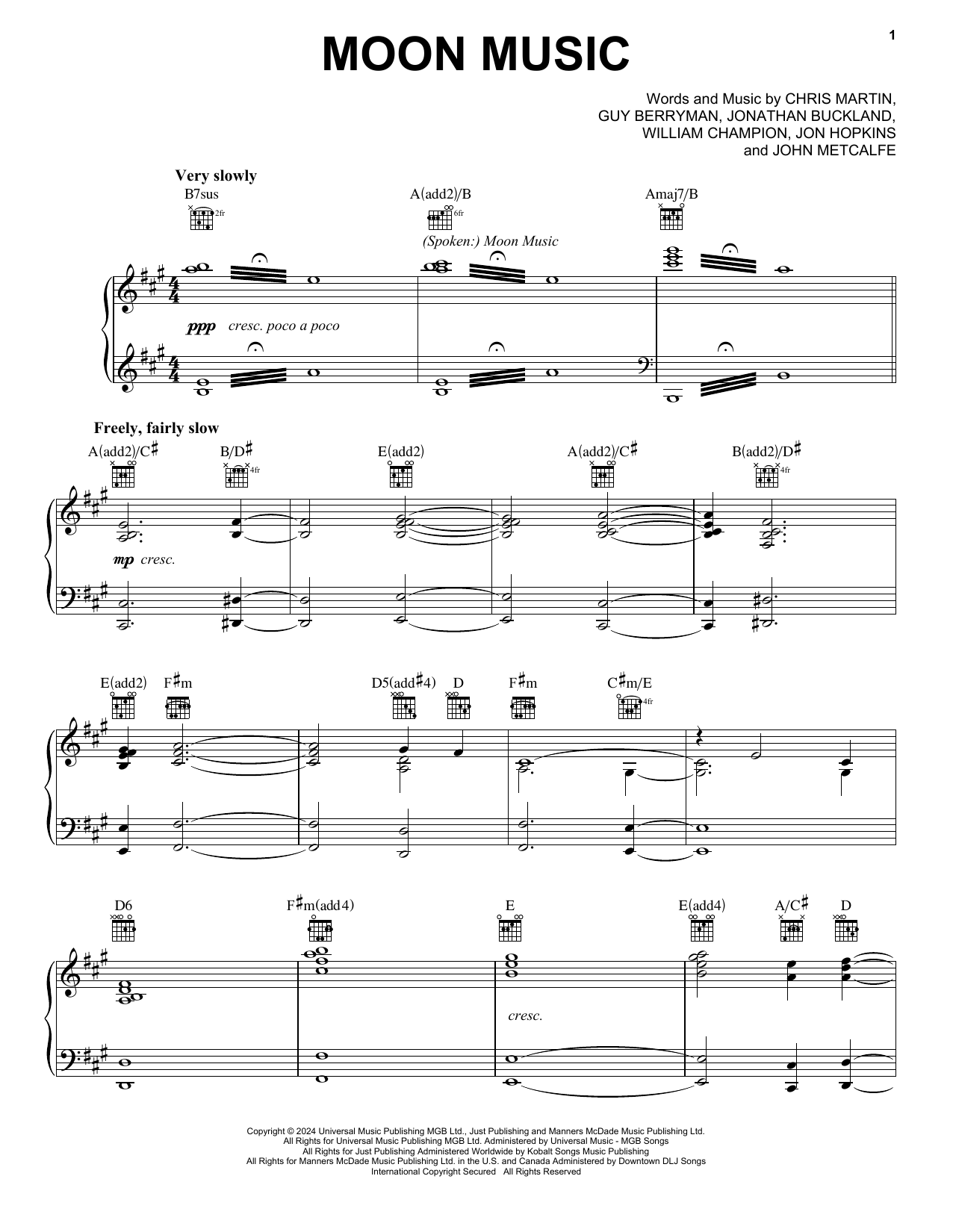 Coldplay Moon Music (feat. Jon Hopkins) Sheet Music Notes & Chords for Piano, Vocal & Guitar Chords (Right-Hand Melody) - Download or Print PDF