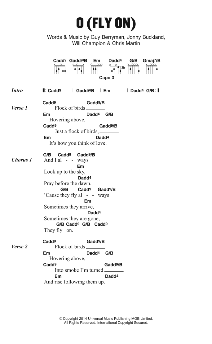 Coldplay O (Fly On) Sheet Music Notes & Chords for Lyrics & Chords - Download or Print PDF