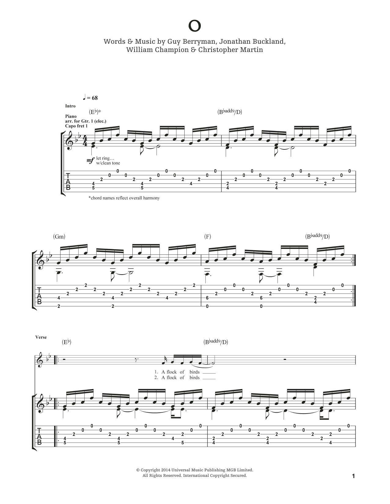 Coldplay O Sheet Music Notes & Chords for Guitar Tab - Download or Print PDF