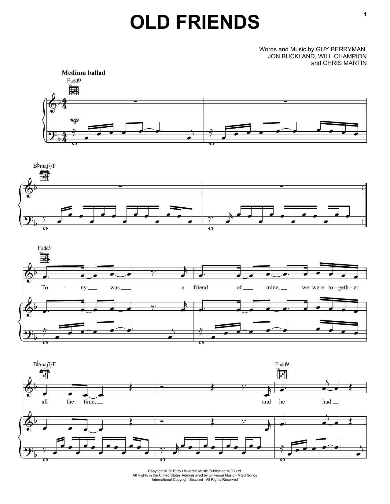 Coldplay Old Friends Sheet Music Notes & Chords for Piano, Vocal & Guitar (Right-Hand Melody) - Download or Print PDF