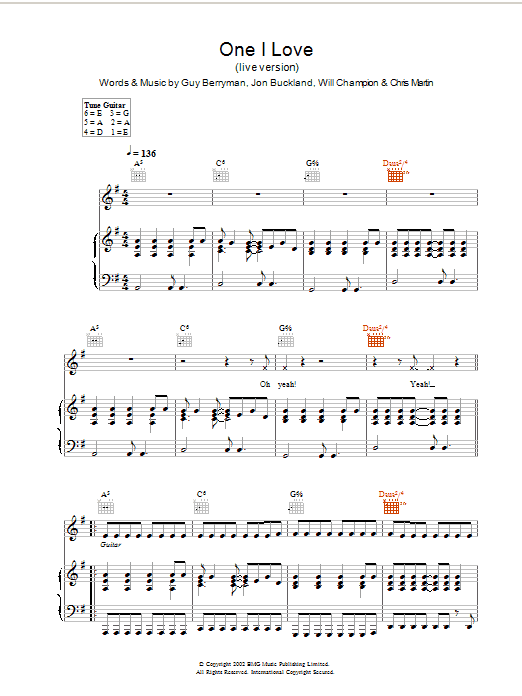 Coldplay One I Love (live version) Sheet Music Notes & Chords for Piano, Vocal & Guitar - Download or Print PDF