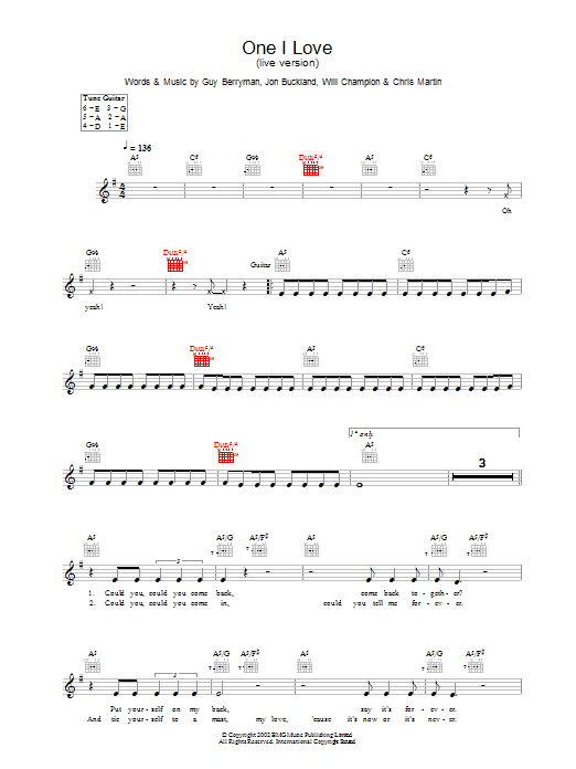 Coldplay One I Love Sheet Music Notes & Chords for Lyrics & Chords - Download or Print PDF