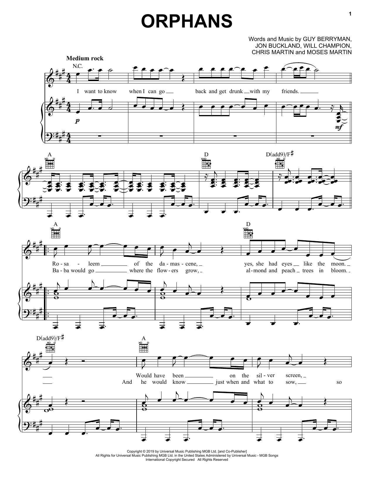 Coldplay Orphans Sheet Music Notes & Chords for Piano, Vocal & Guitar (Right-Hand Melody) - Download or Print PDF