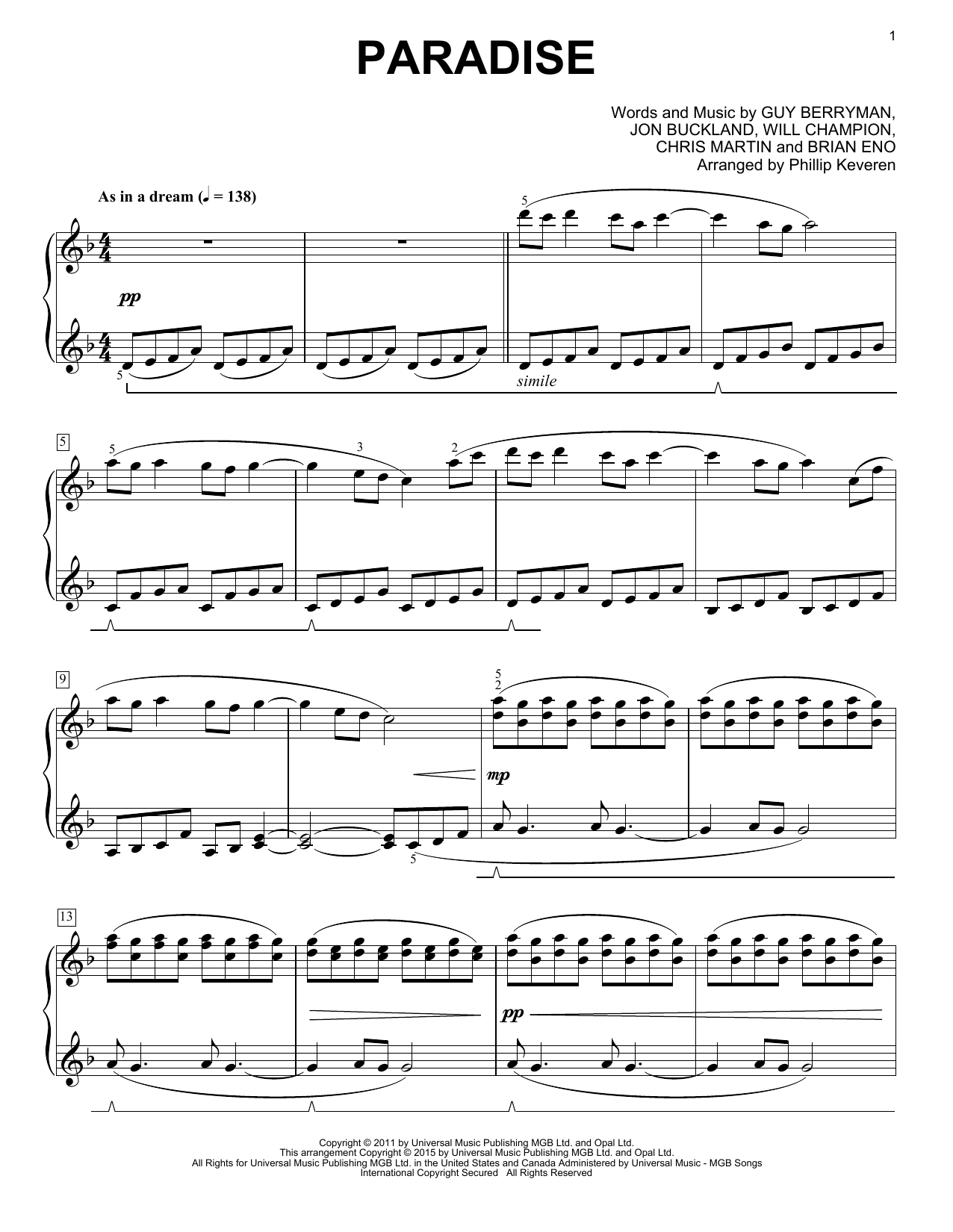 Coldplay Paradise [Classical version] (arr. Phillip Keveren) Sheet Music Notes & Chords for Piano - Download or Print PDF
