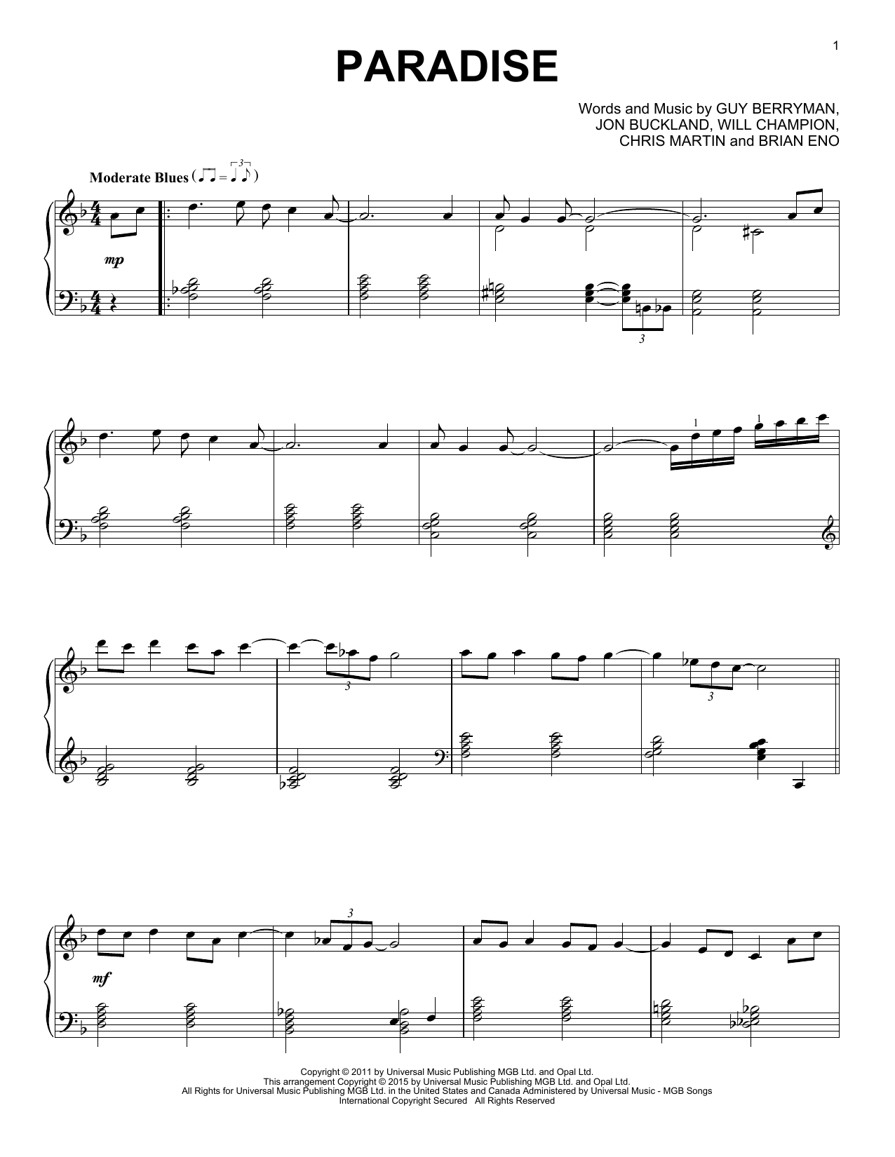 Coldplay Paradise [Jazz version] Sheet Music Notes & Chords for Piano - Download or Print PDF