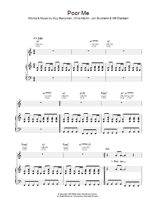 Preview Coldplay Poor Me Rock sheet music, notes and chords for Piano, Vocal & Guitar (Right-Hand Melody), SKU: 34159 Poor Me sheet music