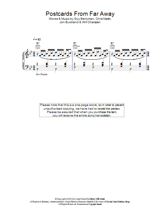 Coldplay Postcards From Far Away Sheet Music Notes & Chords for Piano - Download or Print PDF