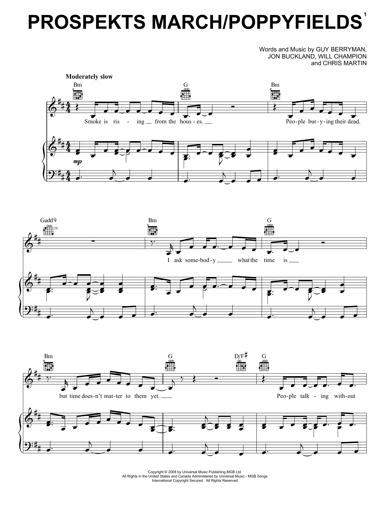 Coldplay Prospekts March/Poppyfields Sheet Music Notes & Chords for Piano, Vocal & Guitar (Right-Hand Melody) - Download or Print PDF