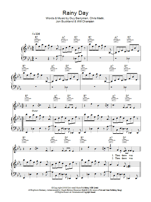 Coldplay Rainy Day Sheet Music Notes & Chords for Piano, Vocal & Guitar (Right-Hand Melody) - Download or Print PDF