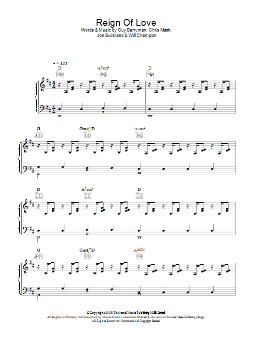 Coldplay Reign Of Love Sheet Music Notes & Chords for Piano, Vocal & Guitar - Download or Print PDF