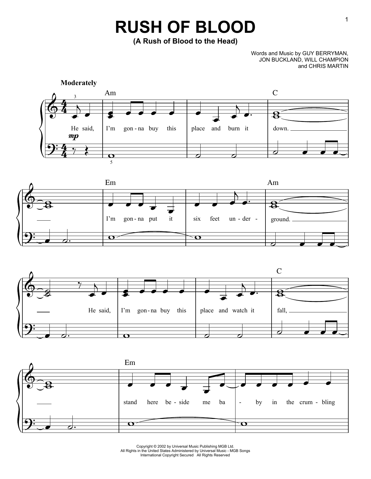 Coldplay Rush Of Blood (A Rush Of Blood To The Head) Sheet Music Notes & Chords for Easy Piano - Download or Print PDF