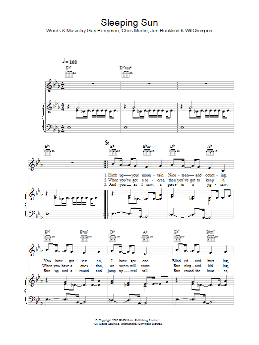 Coldplay Sleeping Sun Sheet Music Notes & Chords for Piano, Vocal & Guitar - Download or Print PDF