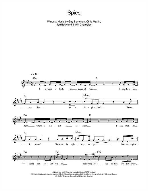 Coldplay Spies Sheet Music Notes & Chords for Melody Line, Lyrics & Chords - Download or Print PDF