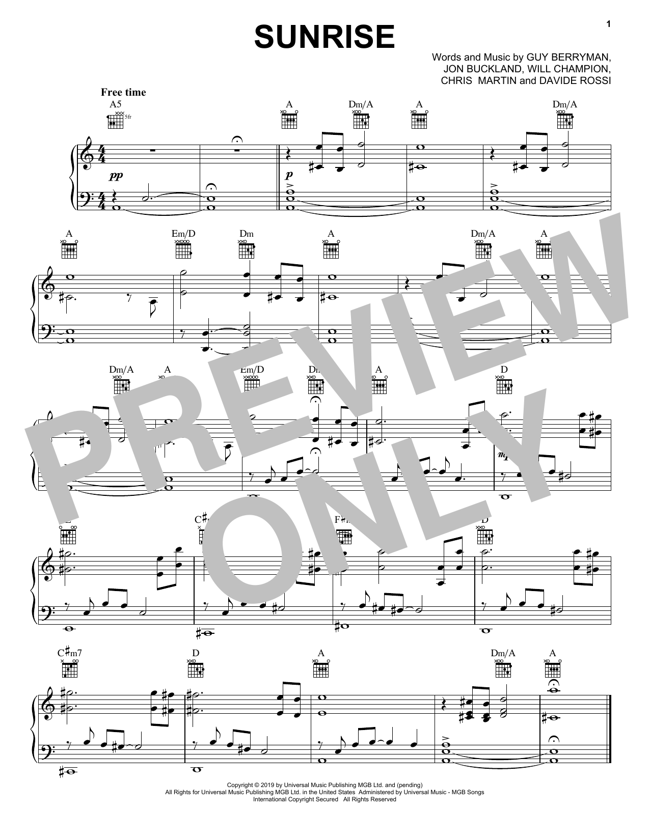 Coldplay Sunrise Sheet Music Notes & Chords for Piano, Vocal & Guitar (Right-Hand Melody) - Download or Print PDF