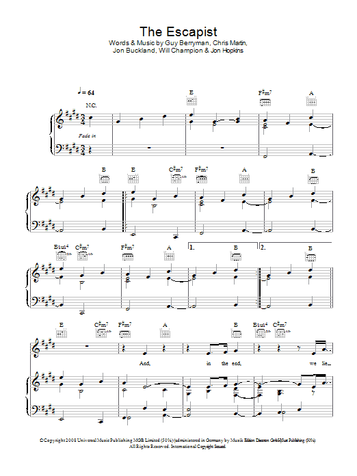 Coldplay The Escapist Sheet Music Notes & Chords for Piano, Vocal & Guitar (Right-Hand Melody) - Download or Print PDF