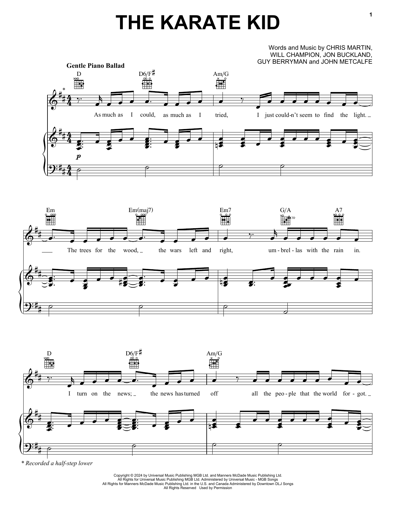 Coldplay The Karate Kid Sheet Music Notes & Chords for Piano, Vocal & Guitar Chords (Right-Hand Melody) - Download or Print PDF