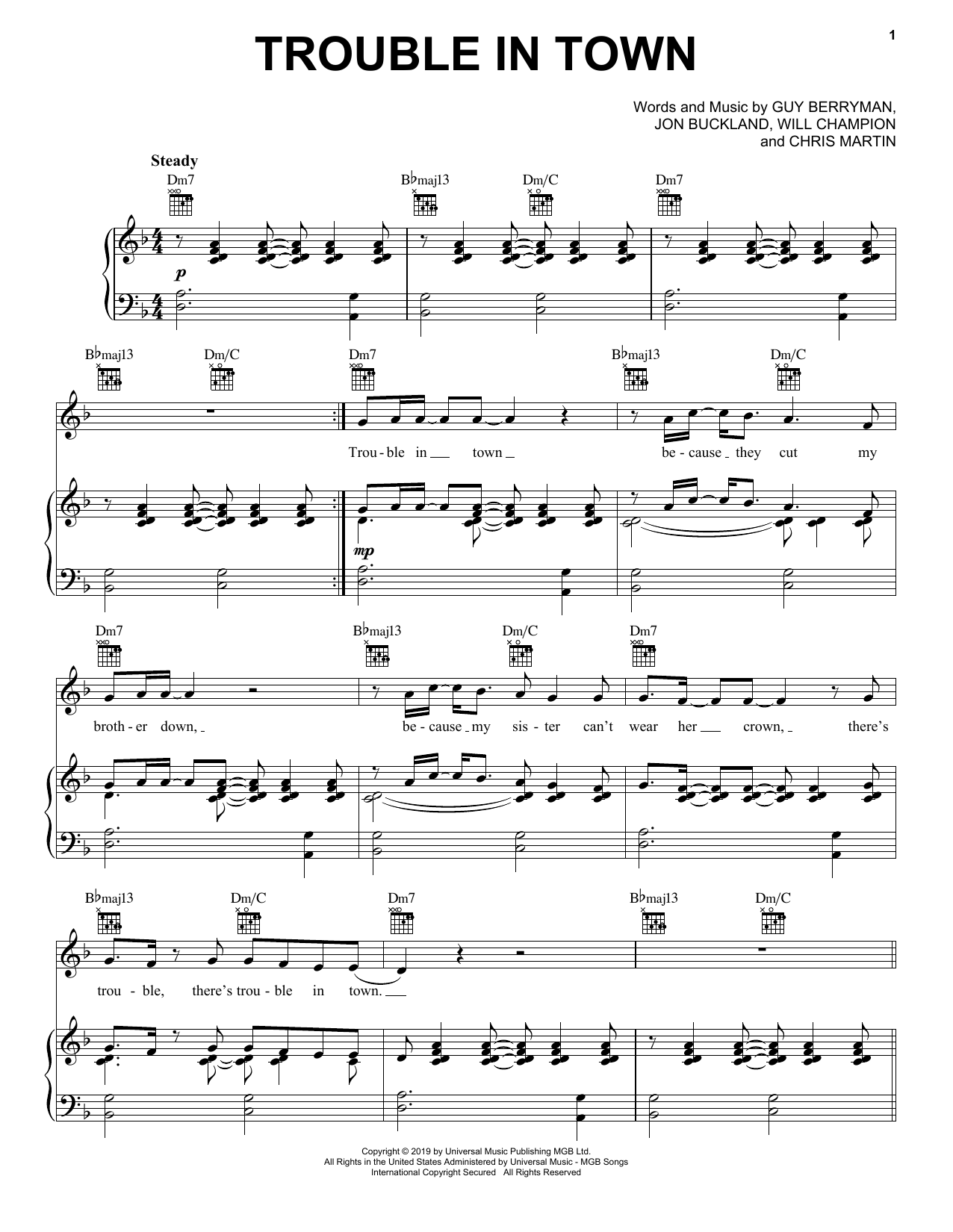 Coldplay Trouble In Town Sheet Music Notes & Chords for Piano, Vocal & Guitar (Right-Hand Melody) - Download or Print PDF
