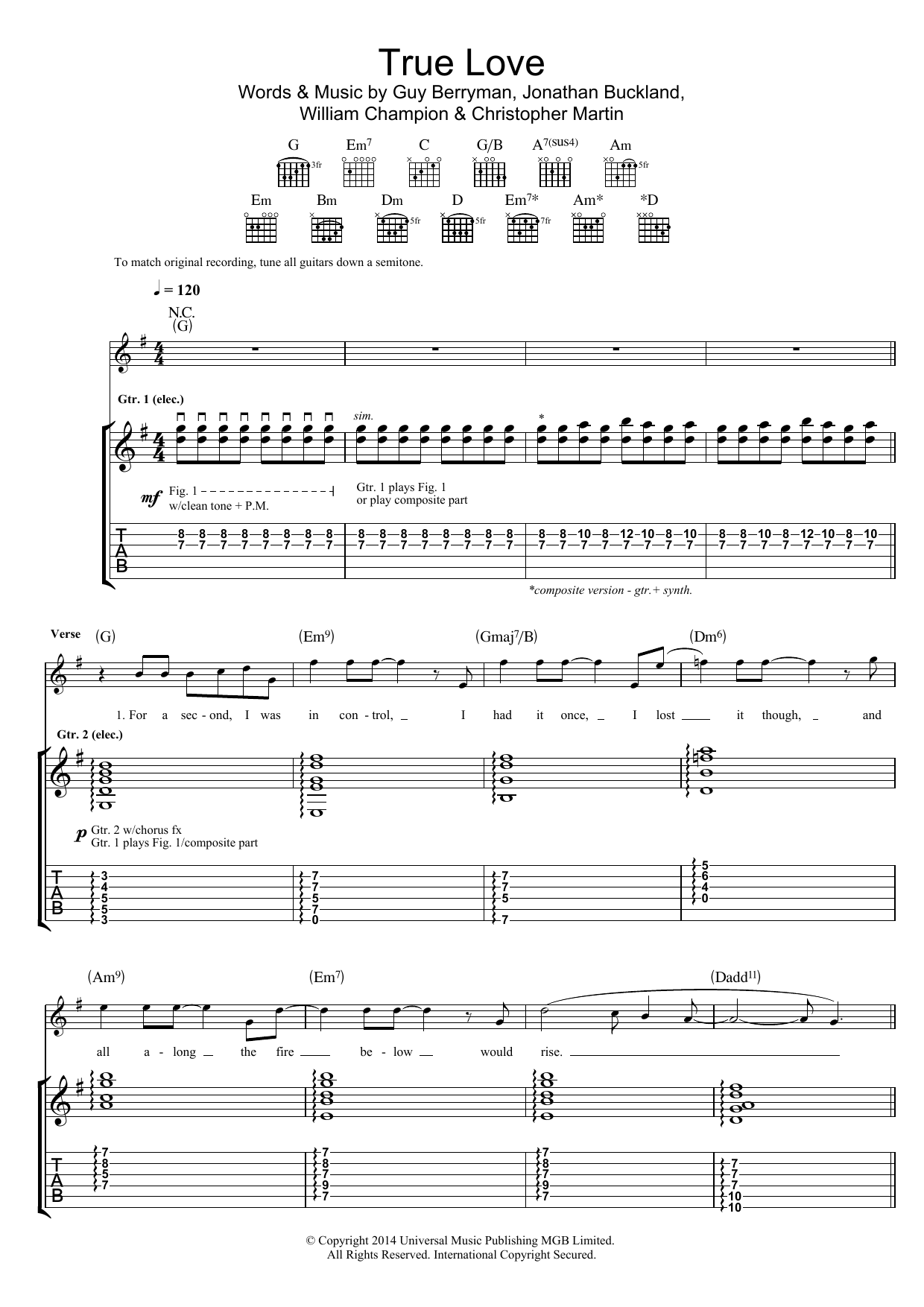 Coldplay True Love Sheet Music Notes & Chords for Guitar Tab - Download or Print PDF