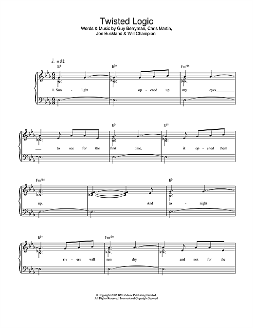 Preview Coldplay Twisted Logic Rock sheet music, notes and chords for Easy Piano, SKU: 32733 Twisted Logic sheet music