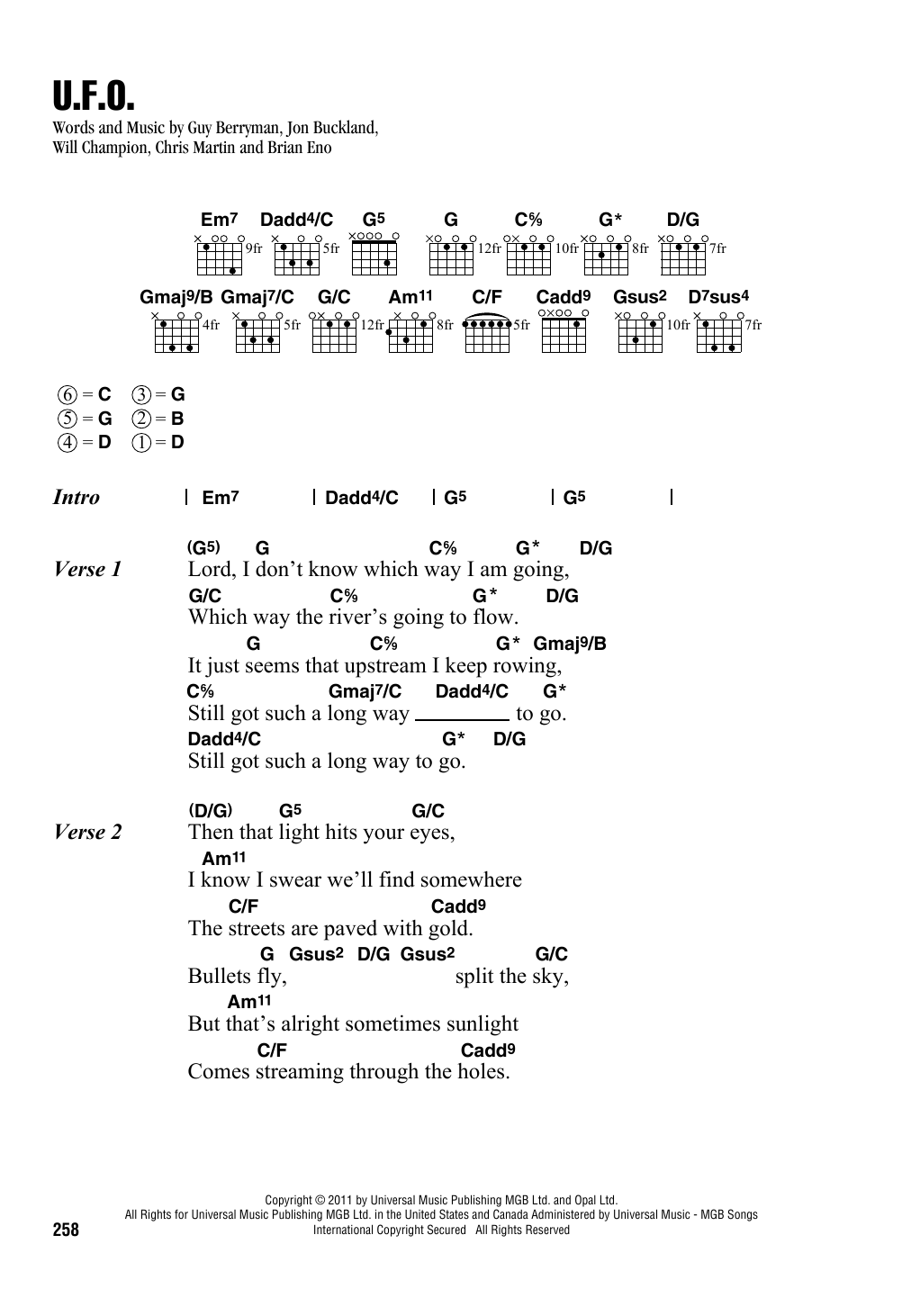 Coldplay U.F.O. Sheet Music Notes & Chords for Piano, Vocal & Guitar (Right-Hand Melody) - Download or Print PDF