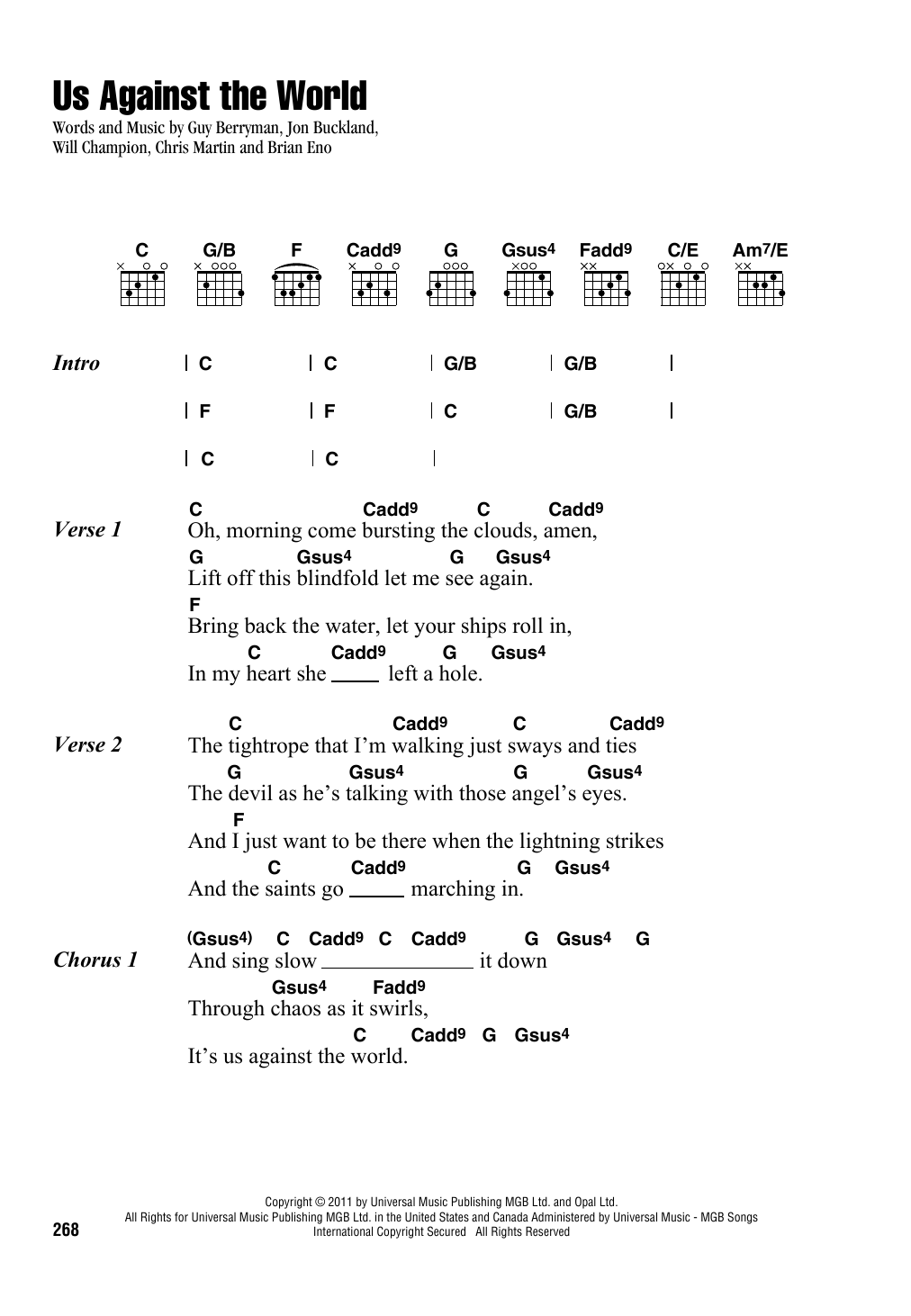 Coldplay Us Against The World Sheet Music Notes & Chords for Piano, Vocal & Guitar (Right-Hand Melody) - Download or Print PDF