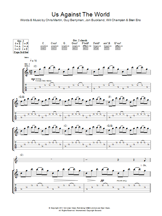 Coldplay Us Against The World Sheet Music Notes & Chords for Guitar Tab - Download or Print PDF