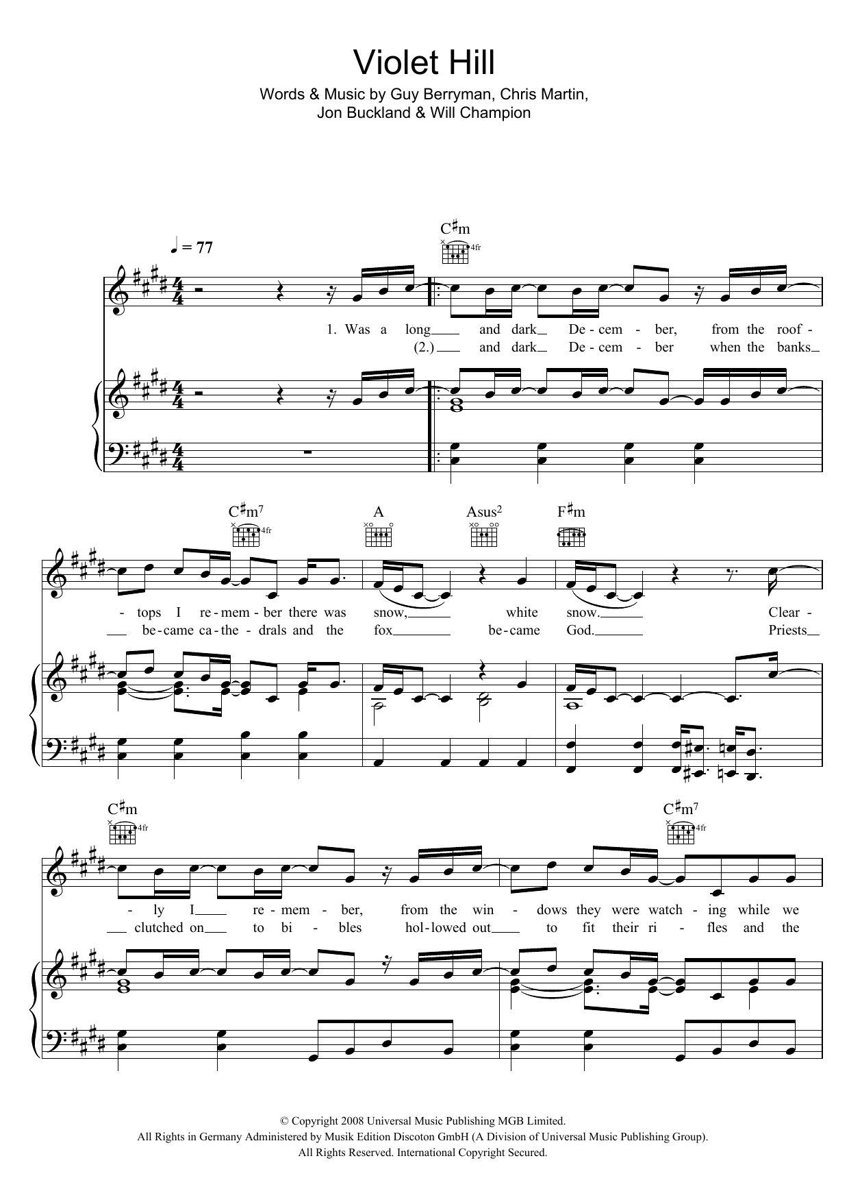 Coldplay Violet Hill Sheet Music Notes & Chords for Piano Chords/Lyrics - Download or Print PDF