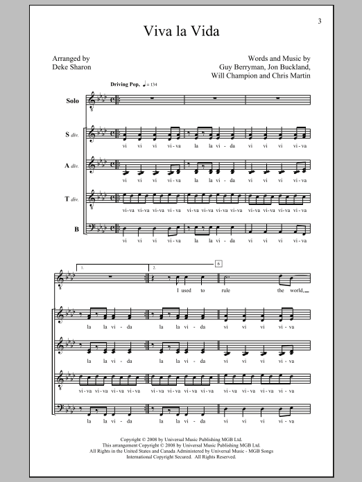 Coldplay Viva La Vida (arr. Deke Sharon) Sheet Music Notes & Chords for SATB - Download or Print PDF