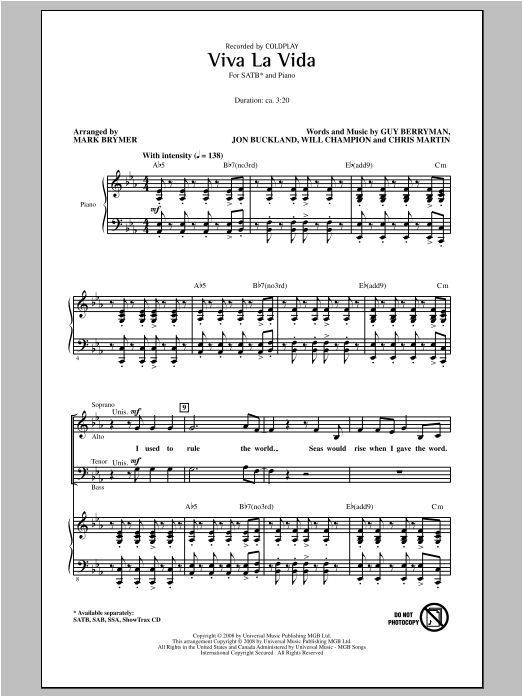 Coldplay Viva La Vida (arr. Mark Brymer) Sheet Music Notes & Chords for SAB - Download or Print PDF