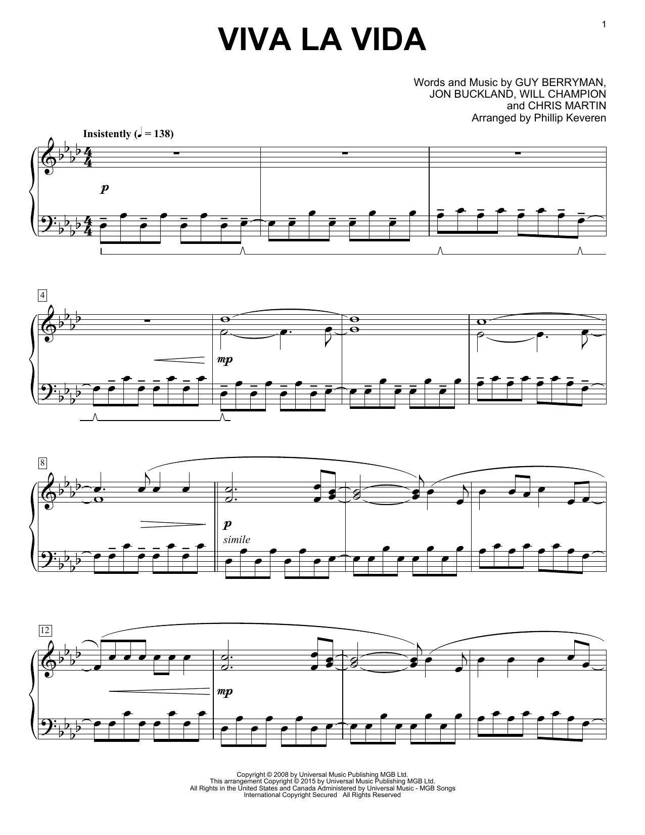 Coldplay Viva La Vida [Classical version] (arr. Phillip Keveren) Sheet Music Notes & Chords for Piano - Download or Print PDF