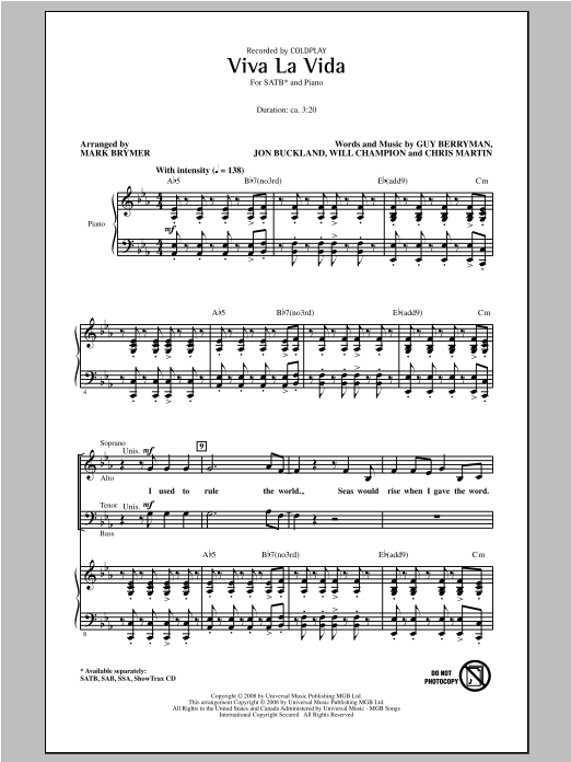 Coldplay Viva La Vida Arr Mark Brymer Sheet Music Download Pdf Score 94702