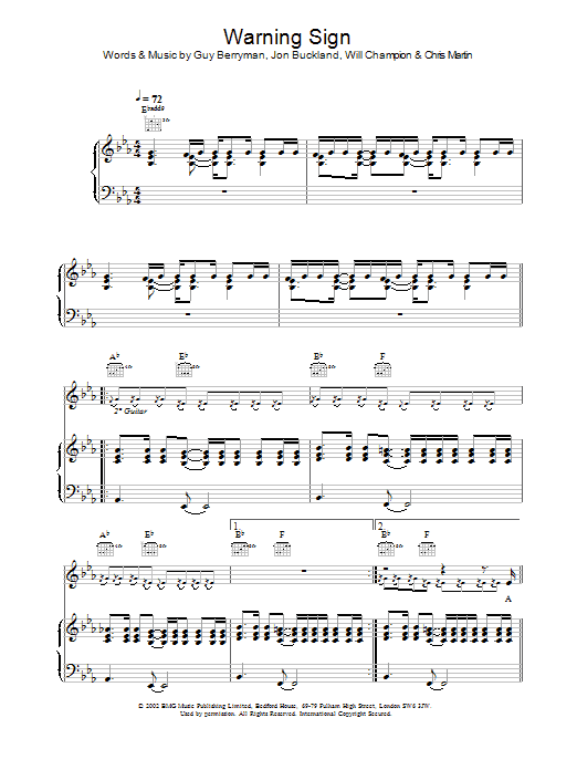 Coldplay Warning Sign Sheet Music Notes & Chords for Piano, Vocal & Guitar - Download or Print PDF