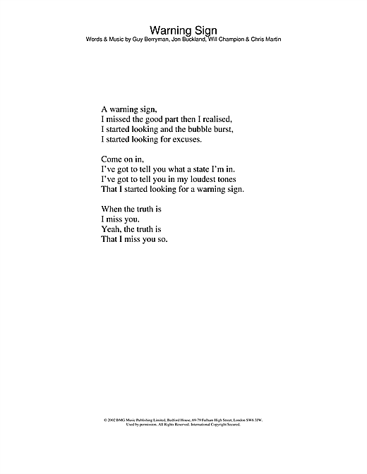 Preview Coldplay Warning Sign Pop sheet music, notes and chords for Guitar Tab, SKU: 22995 sheet music, piano notes, chords, guitar tabs, score, transpose, transcribe, how to play, guide, download, learn, tutorial, progression, song, artist, awards, billboard, mtv, vh1, tour, single, album, release