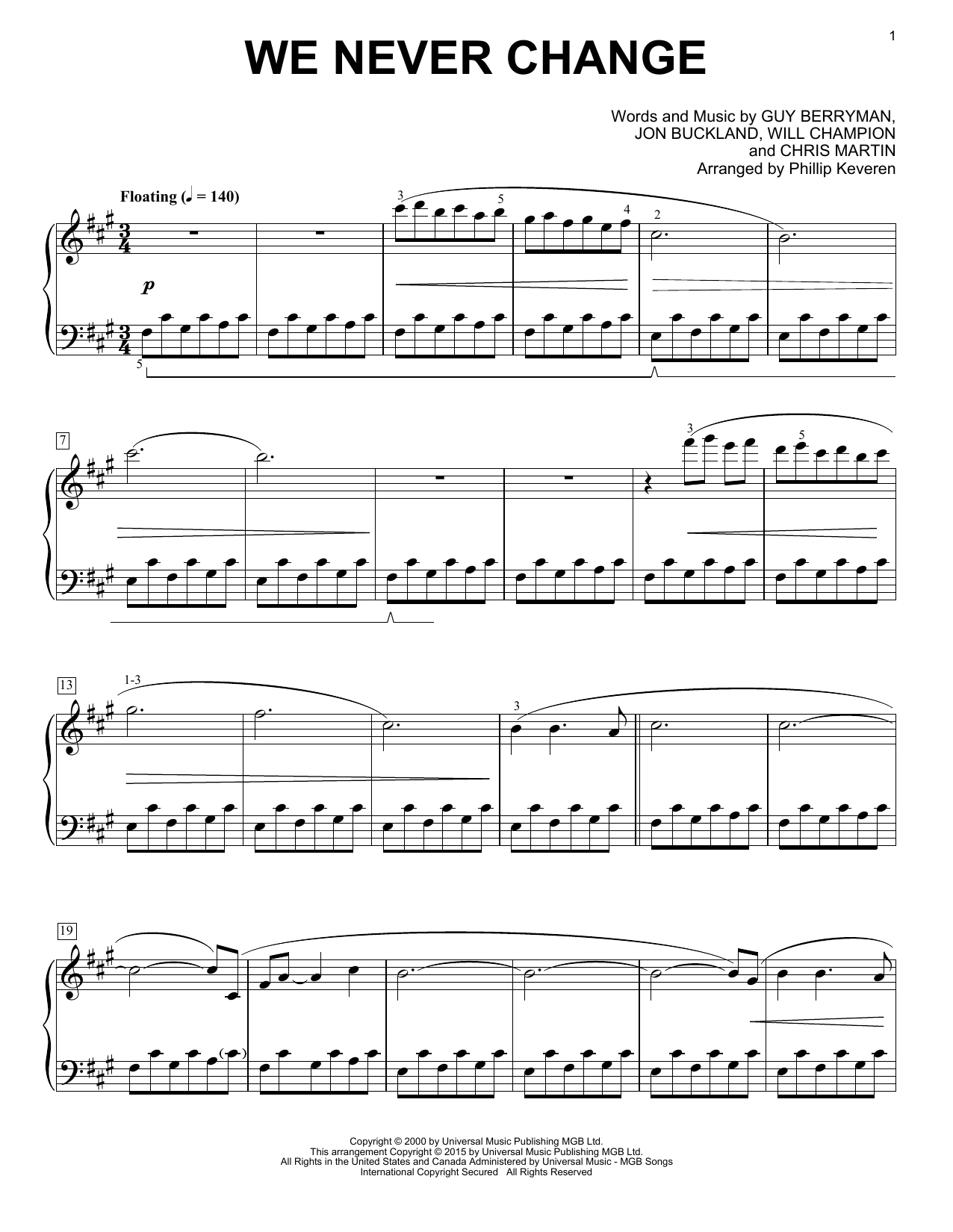 Coldplay We Never Change [Classical version] (arr. Phillip Keveren) Sheet Music Notes & Chords for Piano - Download or Print PDF