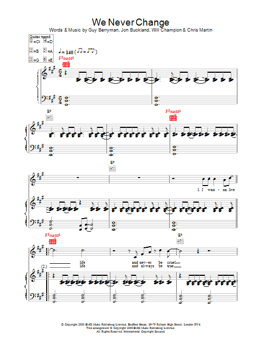 Coldplay We Never Change Sheet Music Notes & Chords for Melody Line, Lyrics & Chords - Download or Print PDF